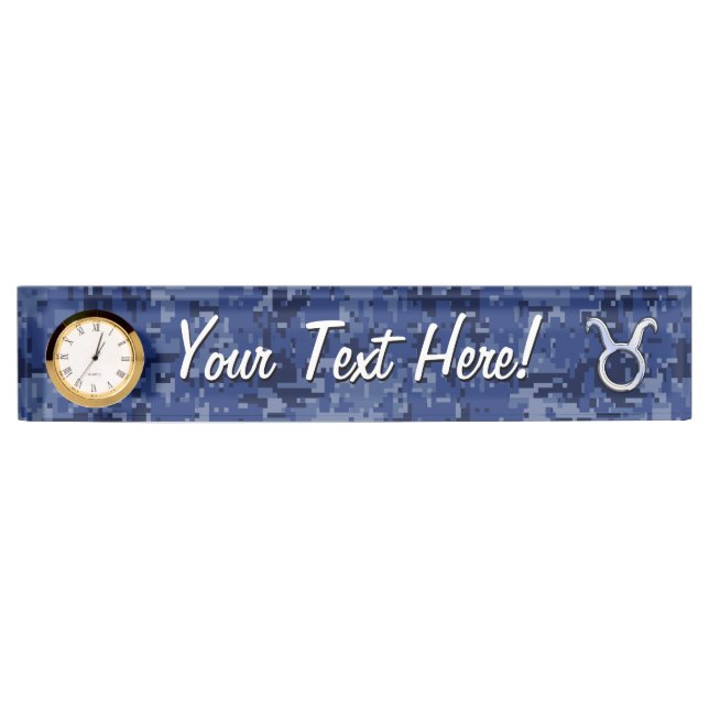 Taurus Zodiac Sign on Blue Digital Camouflage Nameplate (Front)