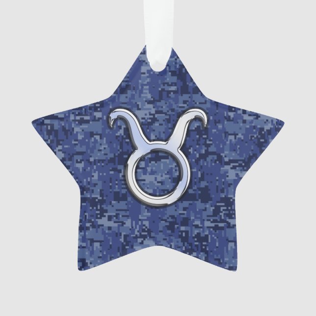 Taurus Zodiac Sign on Blue Digital Camouflage Ornament (Front)