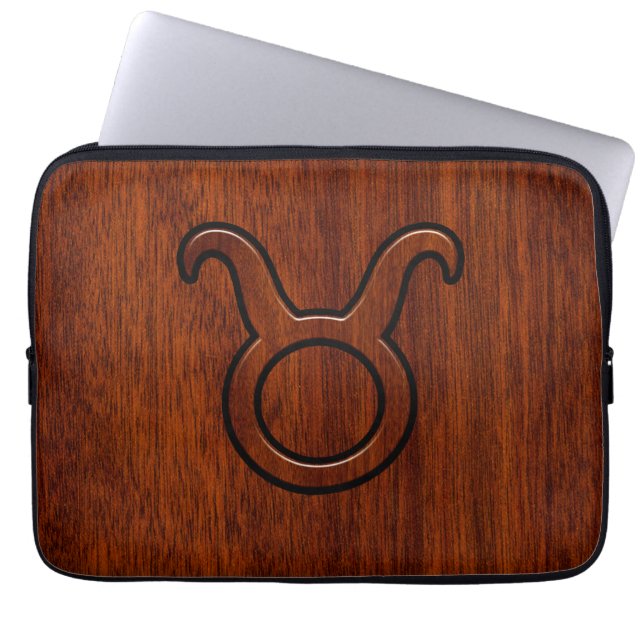 Taurus Zodiac Sign on Mahogany like print Laptop Sleeve (Front)