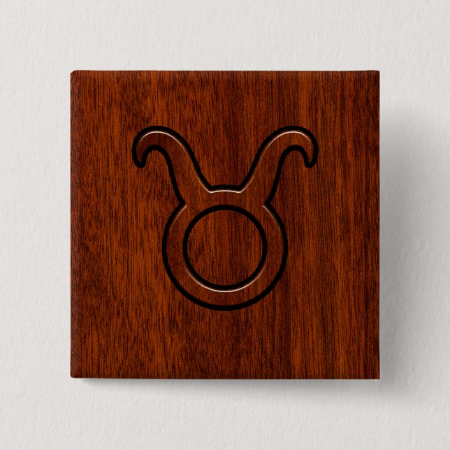 Taurus Zodiac Sign on Mahogany Style 2 Inch Square Button (Front)