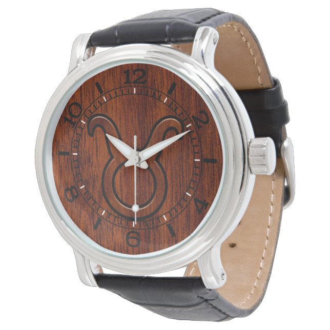 Taurus Zodiac Sign on Mahogany Style Dial Watch (Angled)