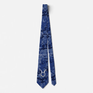 Taurus Zodiac Sign on Navy Blue Digital Camo Tie
