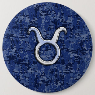 Taurus Zodiac Sign on Navy Blue Digital Camouflage 6 Inch Round Button