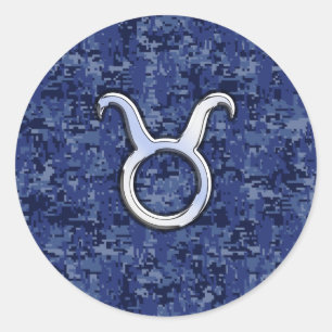 Taurus Zodiac Sign on Navy Blue Digital Camouflage Classic Round Sticker