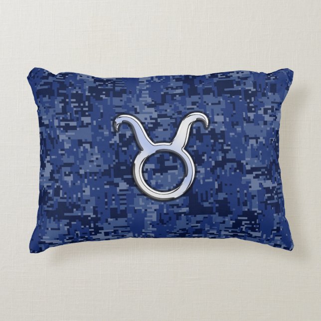 Taurus Zodiac Sign on Navy Blue Digital Camouflage Decorative Pillow (Front)