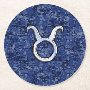 Taurus Zodiac Sign on Navy Blue Digital Camouflage Round Paper Coaster