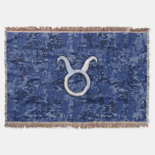 Taurus Zodiac Sign on Navy Blue Digital Camouflage Throw Blanket