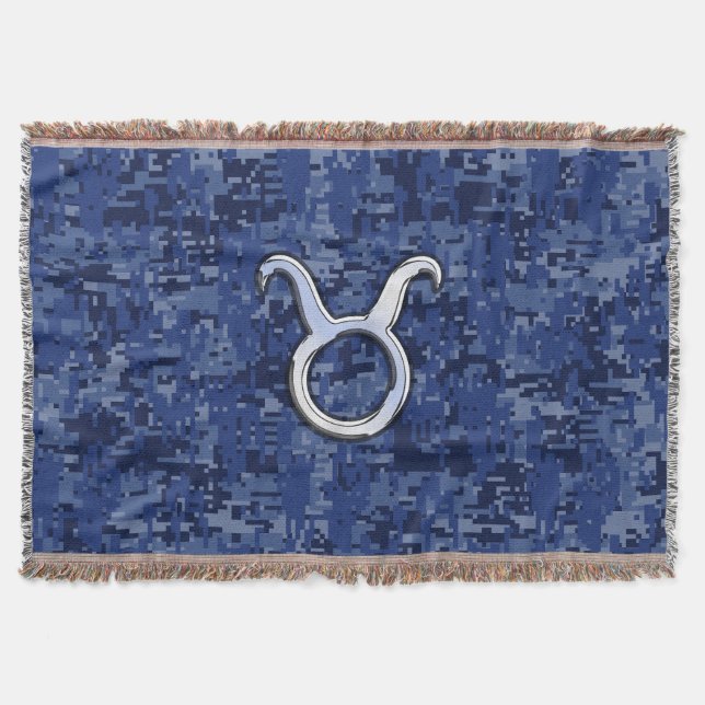 Taurus Zodiac Sign on Navy Blue Digital Camouflage Throw Blanket (Front)