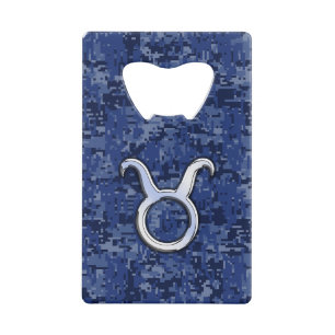 Taurus Zodiac Sign on Navy Blue Digital Camouflage Wallet Bottle Opener