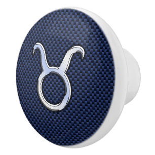 Taurus Zodiac Sign on Navy Carbon Fiber Print Ceramic Knob