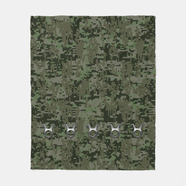 Taurus Zodiac Sign on Woodland Digital Camouflage Fleece Blanket (Front)