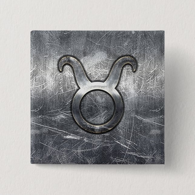 Taurus Zodiac Sign Silver Grunge Distressed Style 2 Inch Square Button (Front)