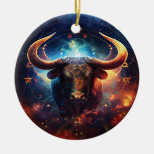 Taurus Zodiac Sign Watercolor Design Ceramic Ornament