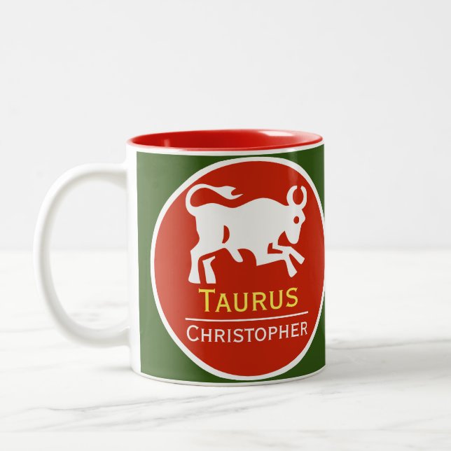 Taurus Zodiac Star Sign with Owner's Name Two-Tone Coffee Mug (Left)