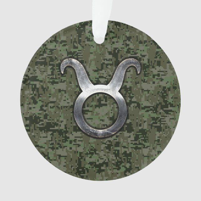Taurus Zodiac Sybol on Olive Green Digital Camo Ornament (Front)