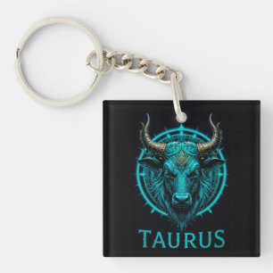 Taurus Zodiac Symbol In Vibrant Blue and Gold Acce Keychain