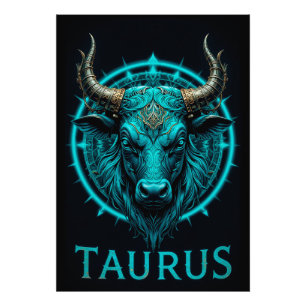 Taurus Zodiac Symbol In Vibrant Blue and Gold Acce Photo Print