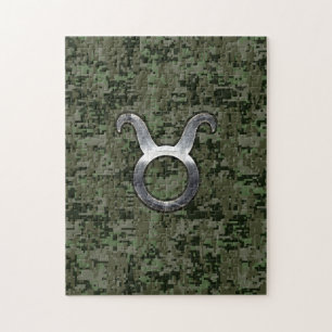 Taurus Zodiac Symbol on Green Digital Camo Jigsaw Puzzle