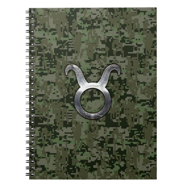 Taurus Zodiac Symbol on Green Digital Camo Notebook (Front)