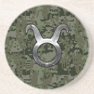 Taurus Zodiac Symbol on Green Digital Camouflage Coaster