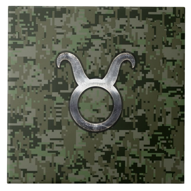 Taurus Zodiac Symbol on Green Digital Camouflage Tile (Front)