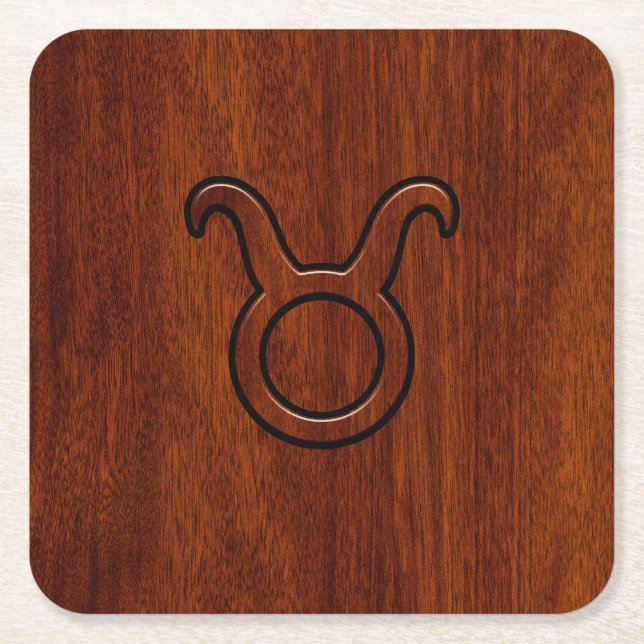 Taurus Zodiac Symbol on Mahogany Decor Square Paper Coaster (Front)