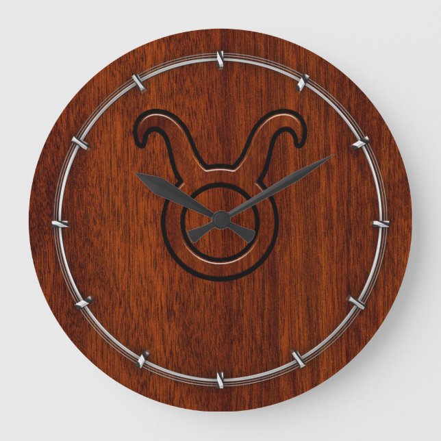 Taurus Zodiac Symbol on Rich Mahogany like print Large Clock (Front)