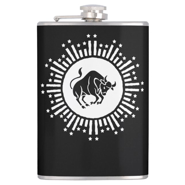 Taurus Zodiac Symbol with Celestial Starburst Hip Flask (Front)