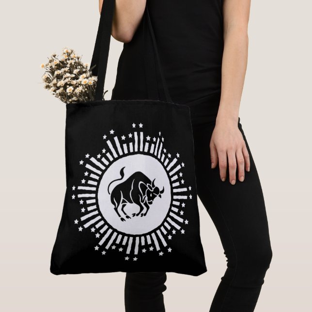 Taurus Zodiac Symbol with Celestial Starburst Tote Bag (Close Up)