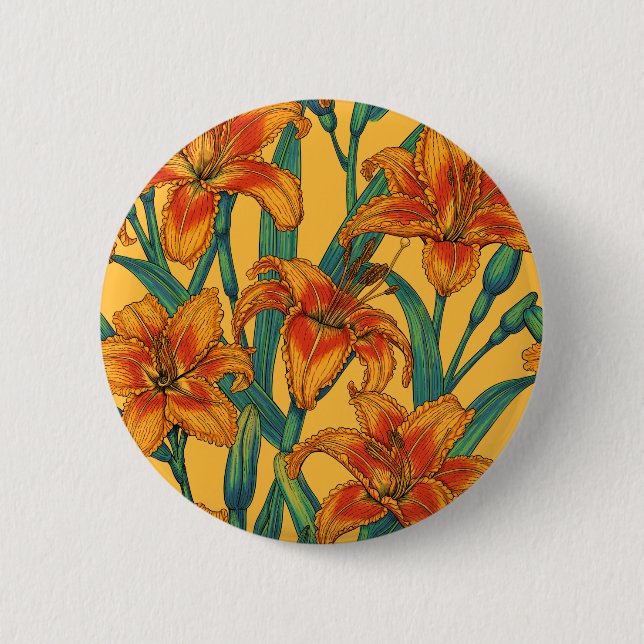 Tawny daylily flowers, blue and yellow 2 inch round button (Front)