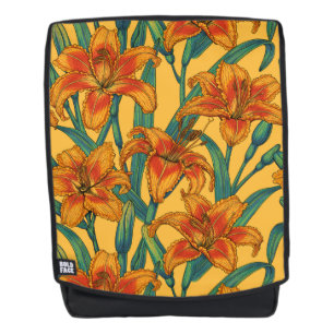 Tawny daylily flowers, blue and yellow backpack