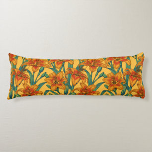 Tawny daylily flowers, blue and yellow body pillow