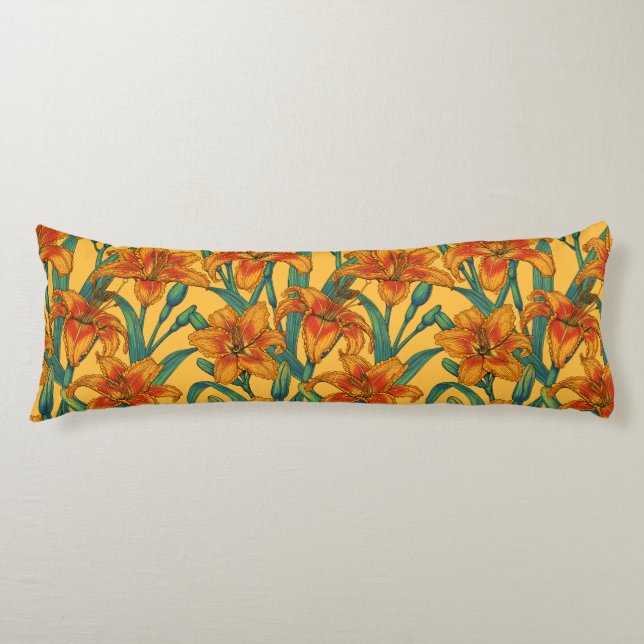Tawny daylily flowers, blue and yellow body pillow (Front)