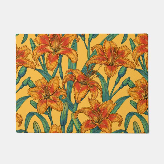 Tawny daylily flowers, blue and yellow doormat (Front)