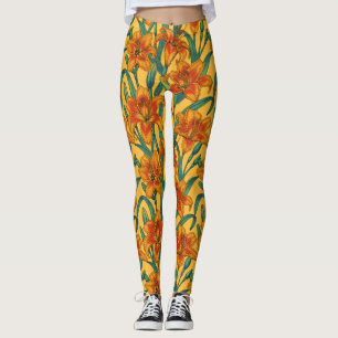 Tawny daylily flowers, blue and yellow leggings