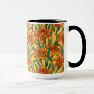 Tawny daylily flowers, blue and yellow mug