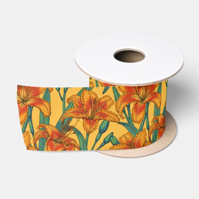Tawny daylily flowers, blue and yellow satin ribbon (Spool)