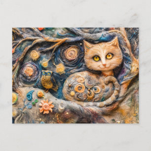 Tawny Owl and Cat in a Tree Made in Felt Technique Postcard