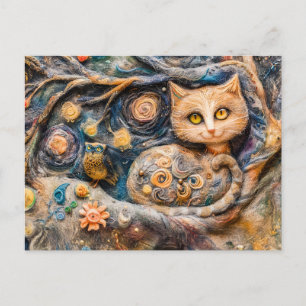 Tawny Owl and Cat in a Tree Made in Felt Technique Postcard