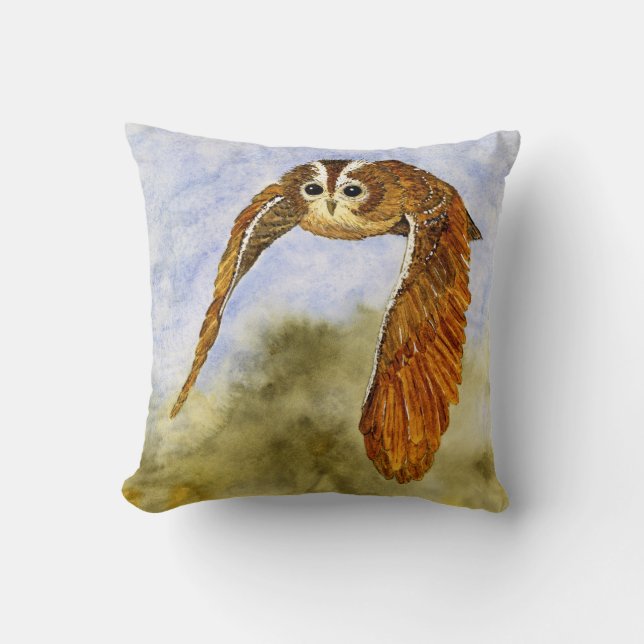 Tawny Owl In Flight Throw Pillow (Front)