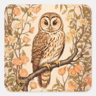 Tawny Owl Peach Blossoms William Morris Inspired Square Sticker