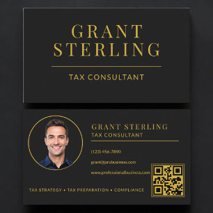 Tax Consultant QR Code Black Gold Business Card