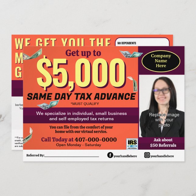 Tax Preparation Preparer Editable E-file Flyer Program (Front/Back)