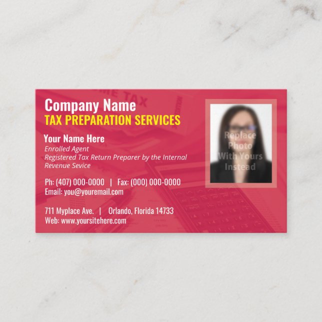 Tax Preparation (Preparer) Photo Business Card (Front)