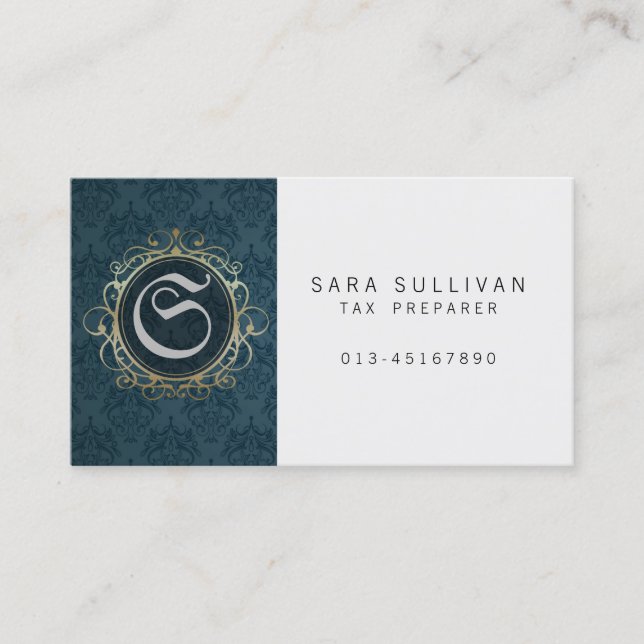 Tax Preparer Finance Services Blue Damask Monogram Business Card (Front)
