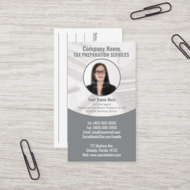Tax Preparing (Preparer) Photo Business Card (Front/Back In Situ)