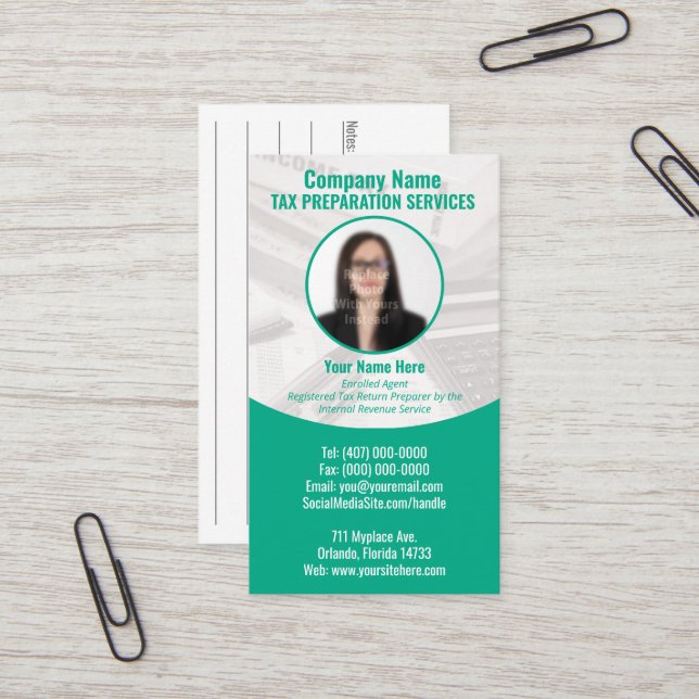 Tax Preparing (Preparer) Photo Business Card (Front/Back In Situ)