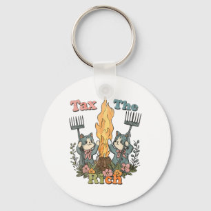 Tax The Rich Funny Cats Floral Feminist Keychain