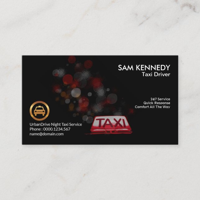 Taxi Beacon Sparkling Lights Bokeh Taxi Service Business Card (Front)