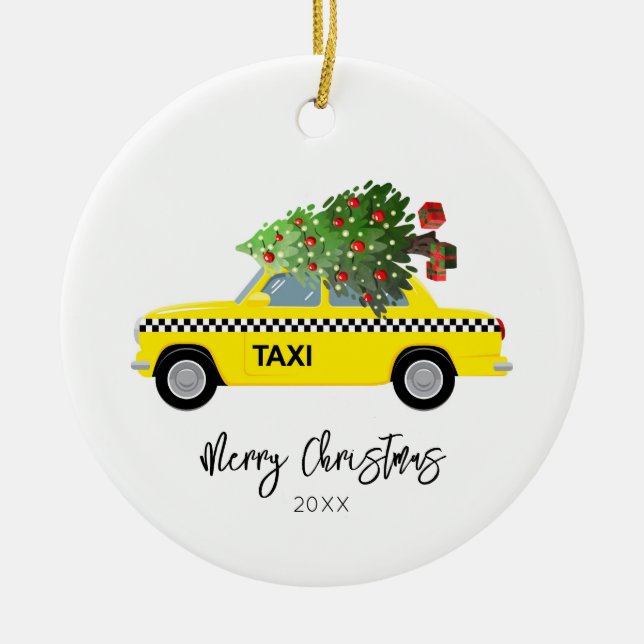 Taxi Cab Merry Christmas Tree Year Keepsake Orname Ceramic Ornament (Front)